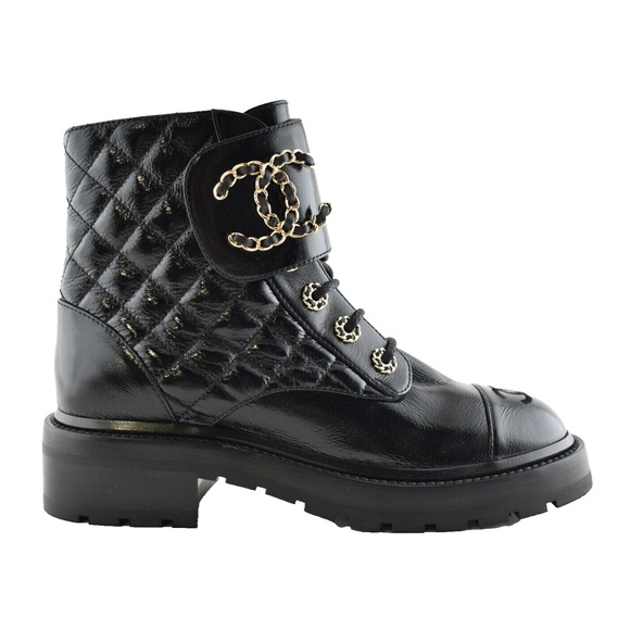 Chanel 21A Black Shiny Patent Quilted Gold CC Chain Combat Ankle Short Boot 37 - Picture 1 of 11